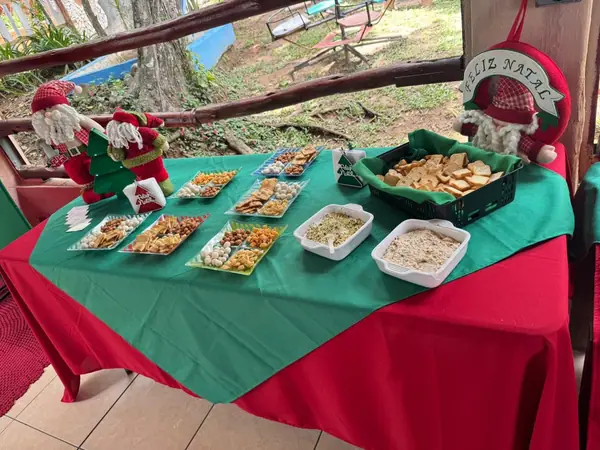 Mesa de Natal com toalha verde e vermelha e petiscos